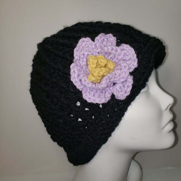 Women's New Handmade Crochet Black with Purple Flower Hat Beanie - Picture 2 of 6
